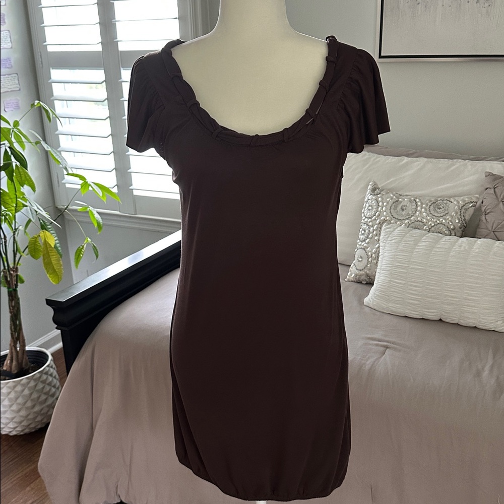 Brown Ruffle Scoop Neck Dress